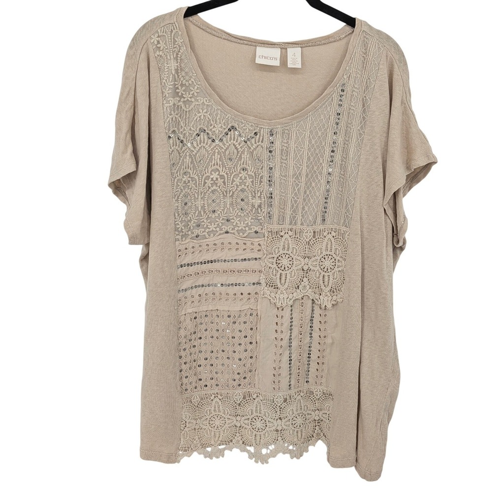 Chicos Lace Patchwork Sequin Top Women XXL Beige Short Sleeve Boho Neutral Knit